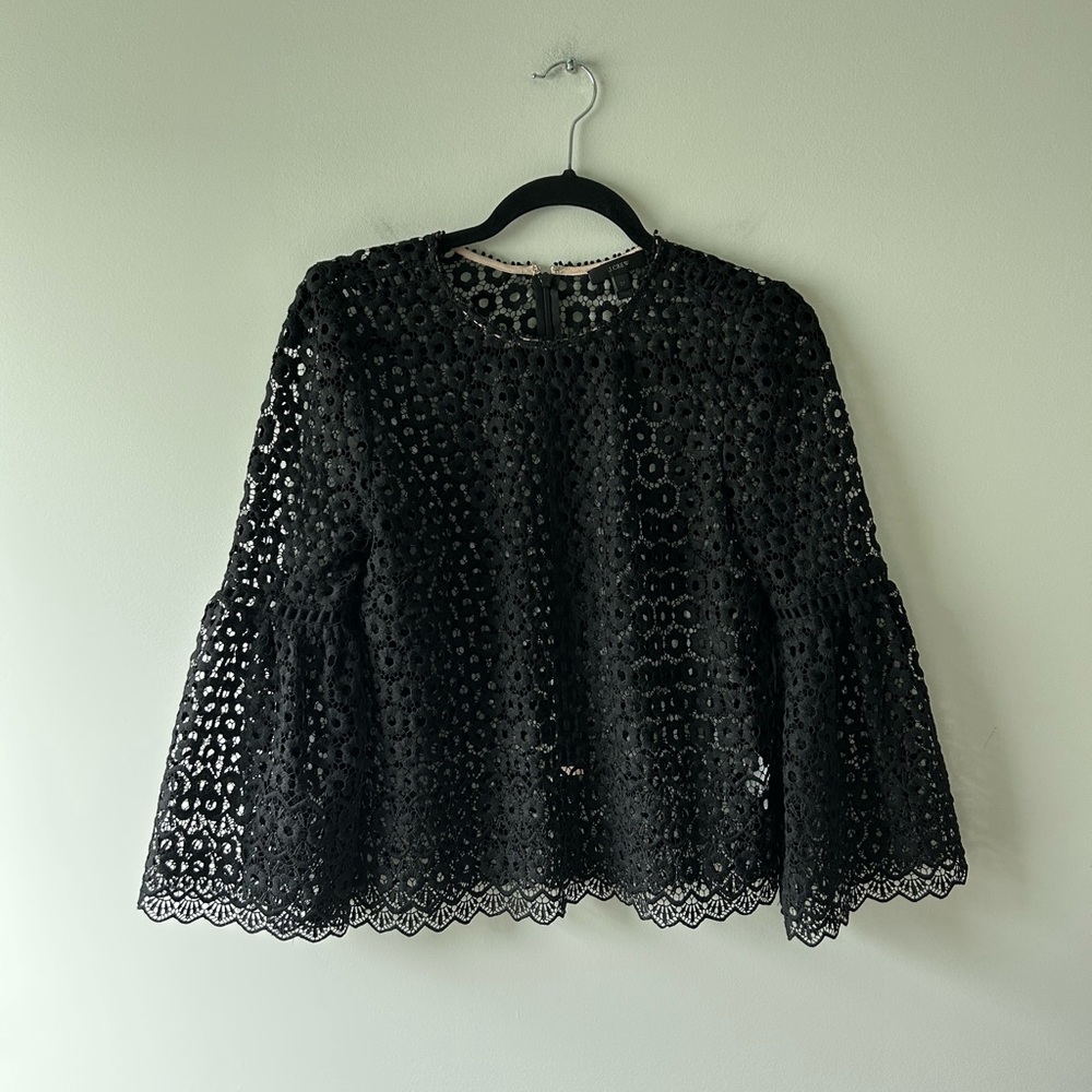 J. Crew black lace sheer bell sleeve top